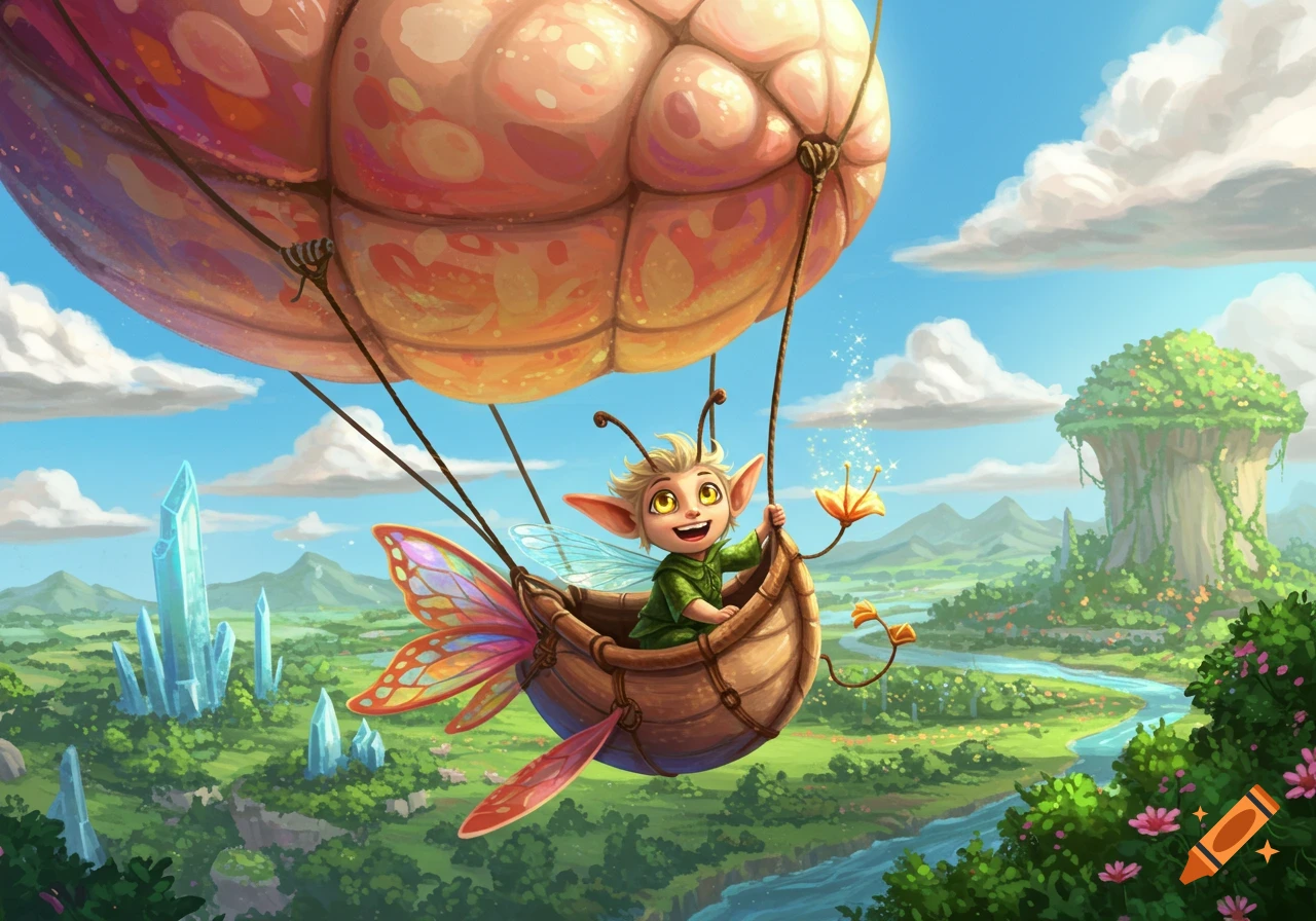 A tiny sprite with pointed ears smiles while flying a butterfly cocoon dirigible over a lush fantasy landscape with crystals.