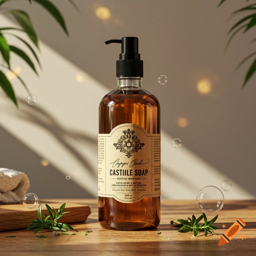 Amber liquid castile soap bottle with a black pump dispenser on a wooden surface with rosemary, a towel, and floating bubbles, in a photorealistic style.