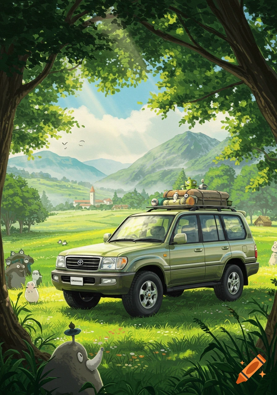Studio Ghibli style illustration of a green Toyota Land Cruiser in a sunny grassy field with trees, mountains, and forest spirits.