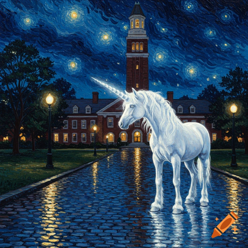 A white unicorn stands on a wet cobblestone path in front of a brick university building with a tower under a starry, post-impressionistic night sky.