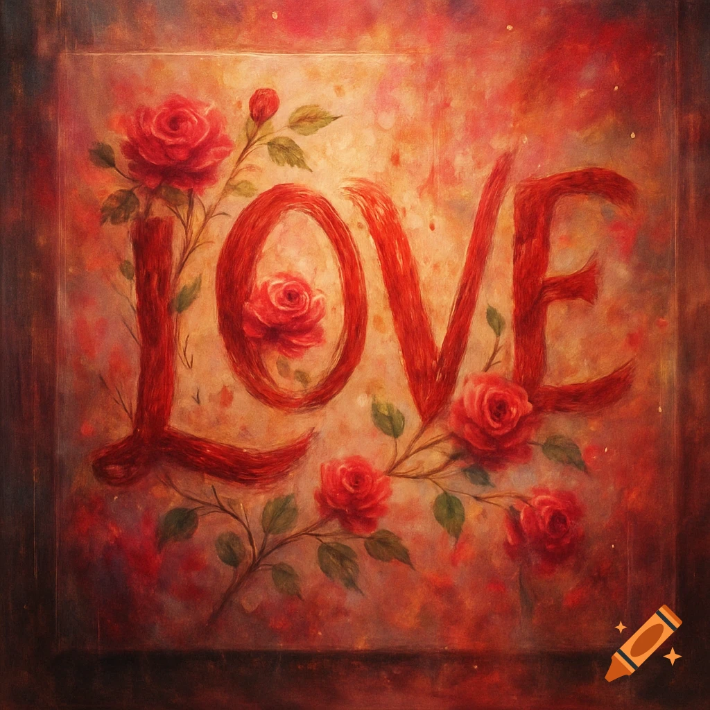 The word LOVE painted in red, adorned with red roses and green leaves, on a textured background.