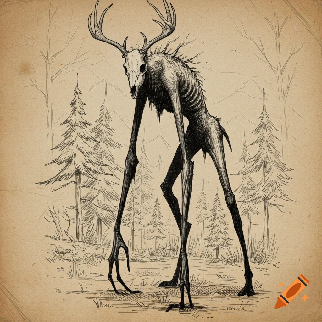 A hand-sketched illustration of a gaunt, skeletal Wendigo creature with antlers and long limbs, standing in a sparse forest on aged, textured paper.