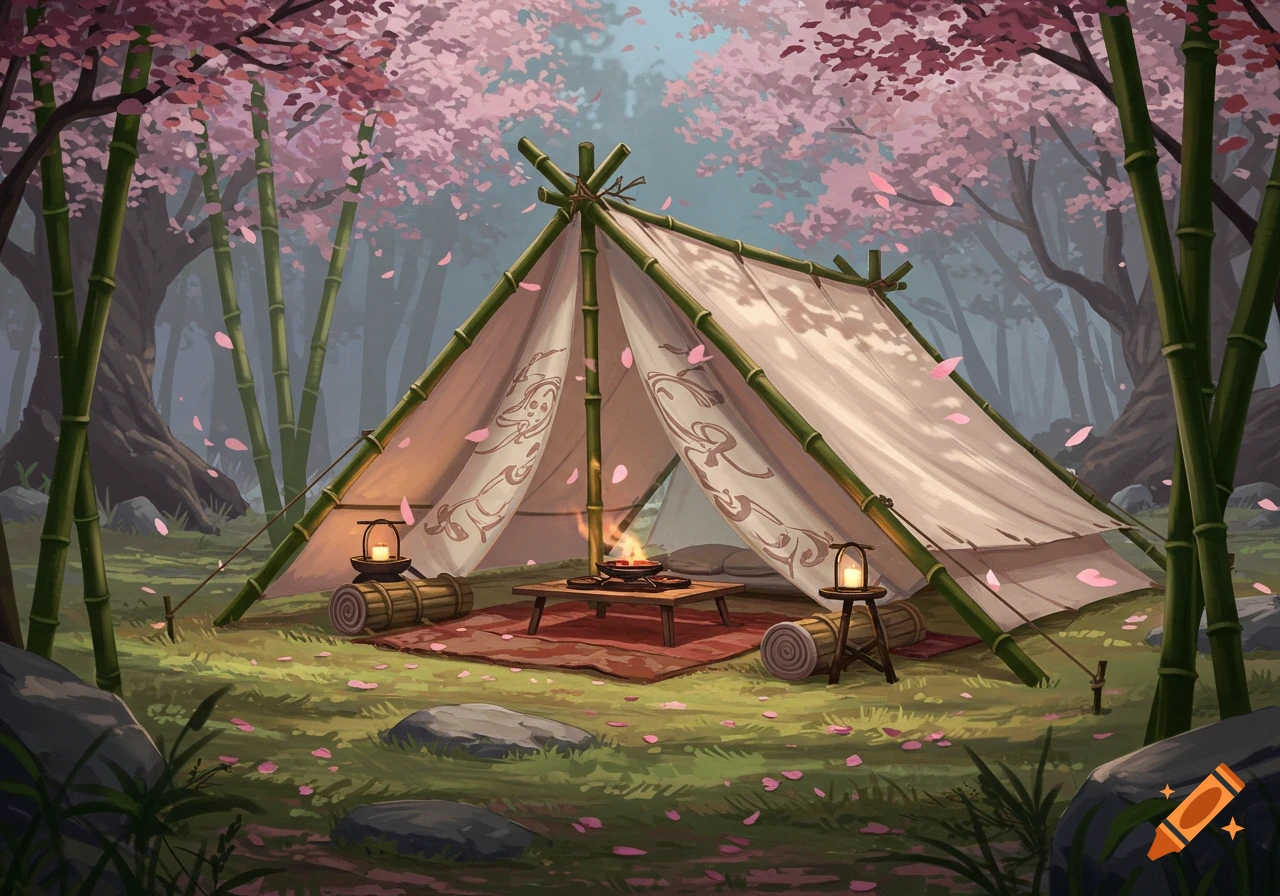 A stylized bamboo tent with a campfire on a red rug in a cherry blossom forest with pink petals falling.