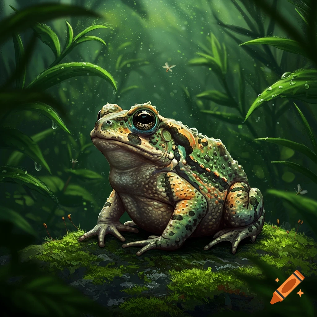 A colorful green, brown, and orange toad sits on moss in a lush, misty green forest with water droplets.
