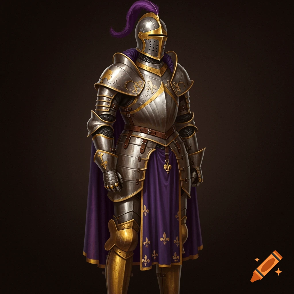 Full body portrait of a medieval knight in shining silver and gold plate armor with a purple cape and golden fleur-de-lis patterns.