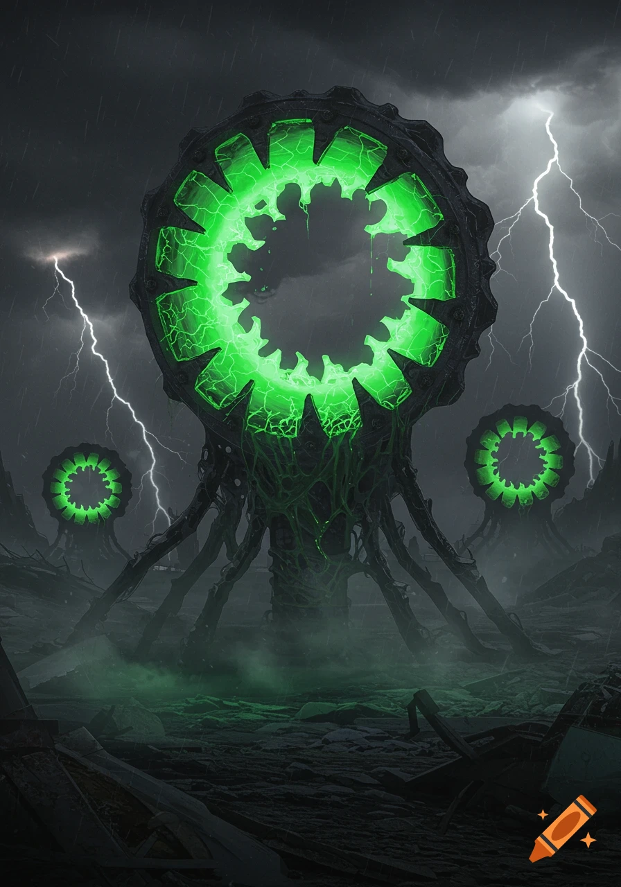 Large, dark, alien structures with glowing green centers stand in a desolate, stormy landscape with lightning.