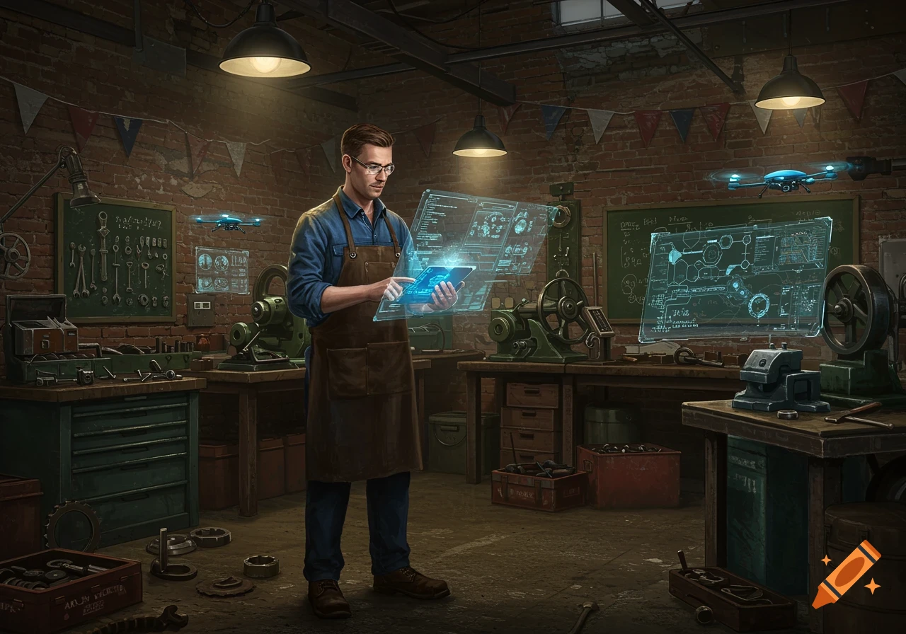 A man wearing an apron and glasses interacts with a floating holographic interface displaying schematics in a cluttered workshop with vintage machinery and two small drones. The workshop has brick walls and string lights.