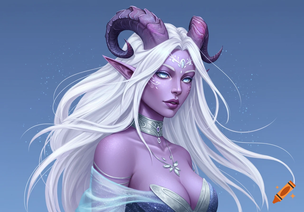 A beautiful female tiefling with purple skin, white hair, and prominent horns looks forward against a blue background, sparkling around her.