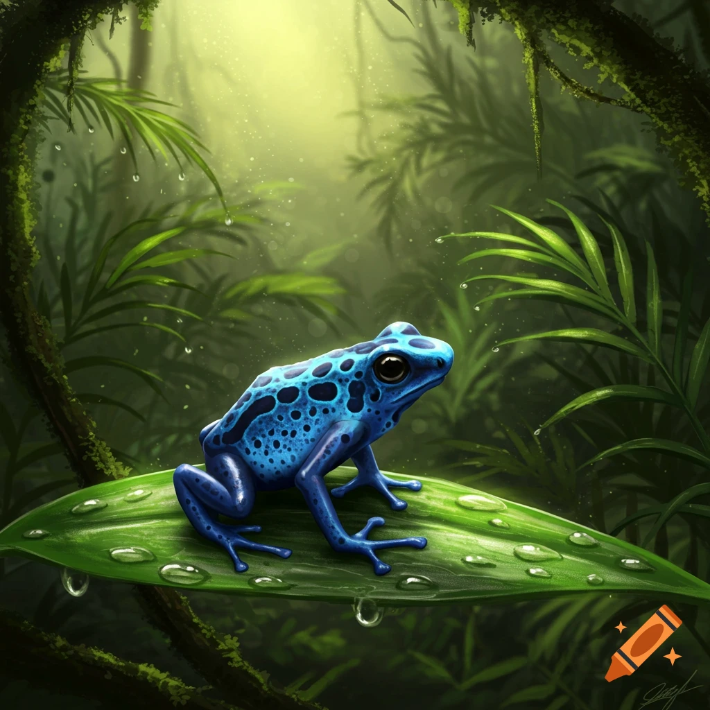 A vibrant blue poison dart frog sits on a large green leaf with water droplets in a lush, misty jungle.