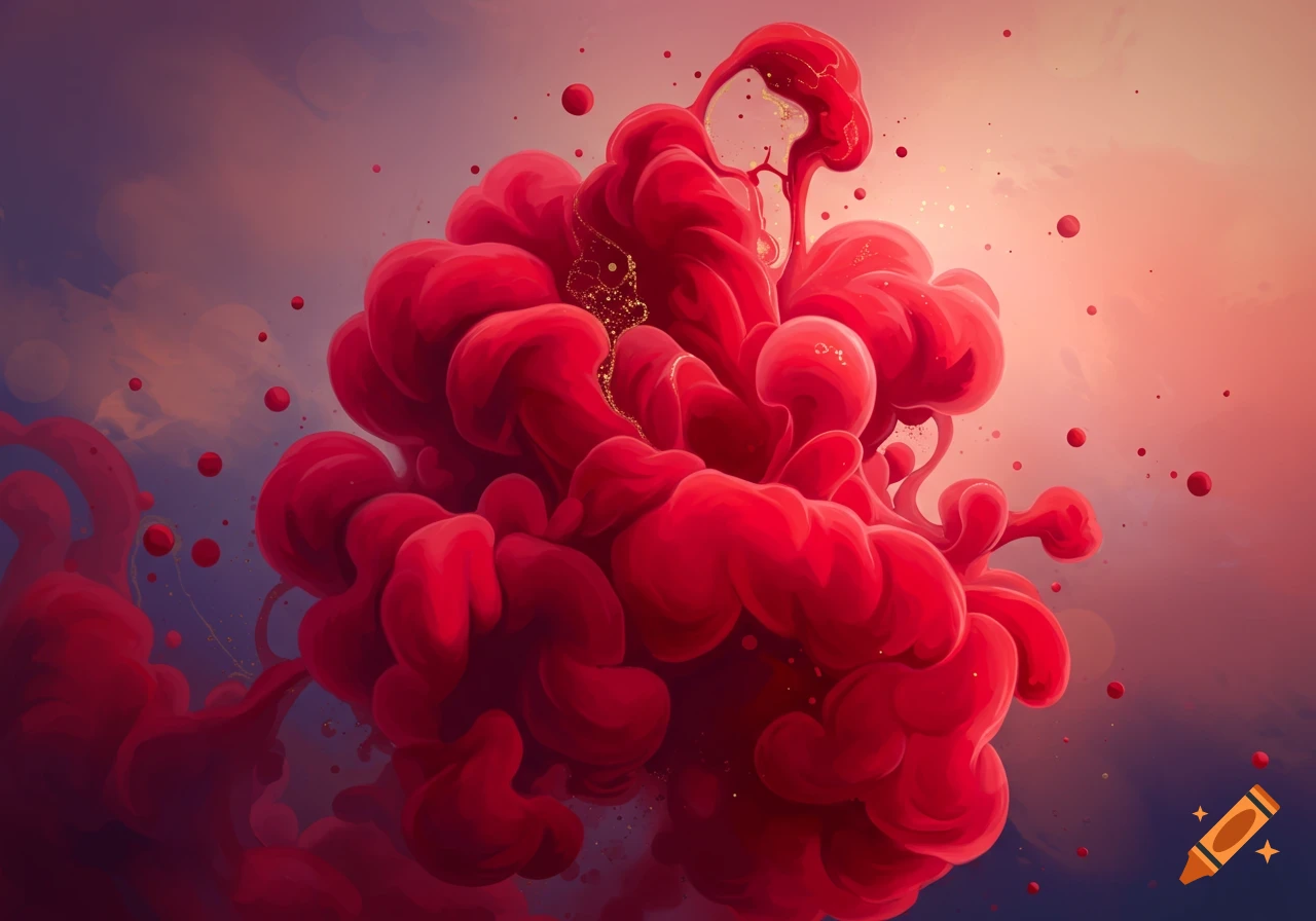 Vibrant red abstract fluid art resembling ink spreading in water with golden speckles against a gradient background.