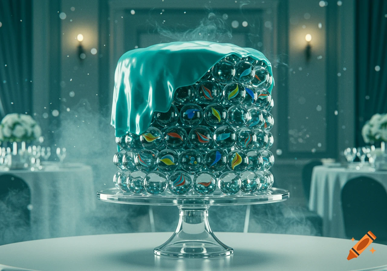 A transparent cake made of glass marbles with colorful insides and a teal icing layer, on a cake stand in a fancy room with a dusty atmosphere.