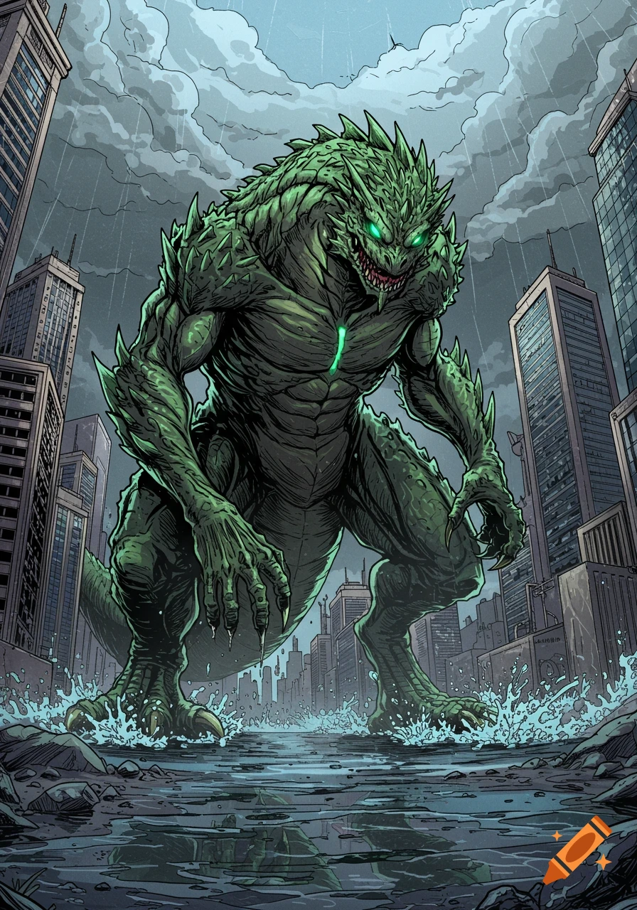 A giant, green, scaly monster with glowing eyes stands in a flooded city street under a rainy sky, in a comic book style.