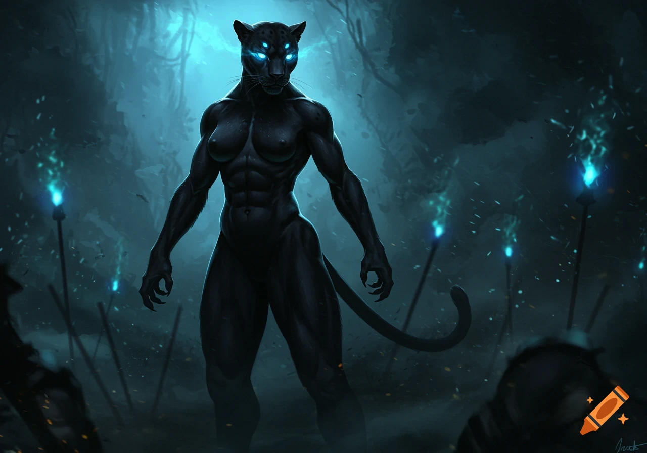 A muscular, dark panther-humanoid with glowing blue eyes stands in a misty, torch-lit forest.
