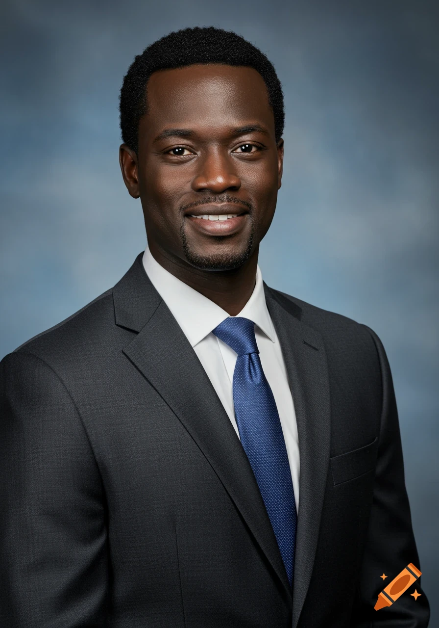 Professional headshot of a smiling Black man in a dark suit and blue tie.