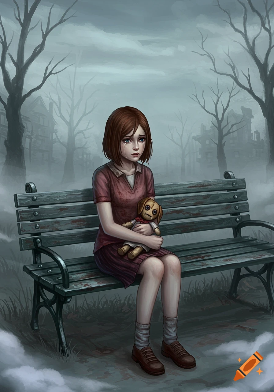 A crying young girl with short brown hair sits on a desolate park bench, clutching a rag doll, amidst bare trees and ruined buildings.