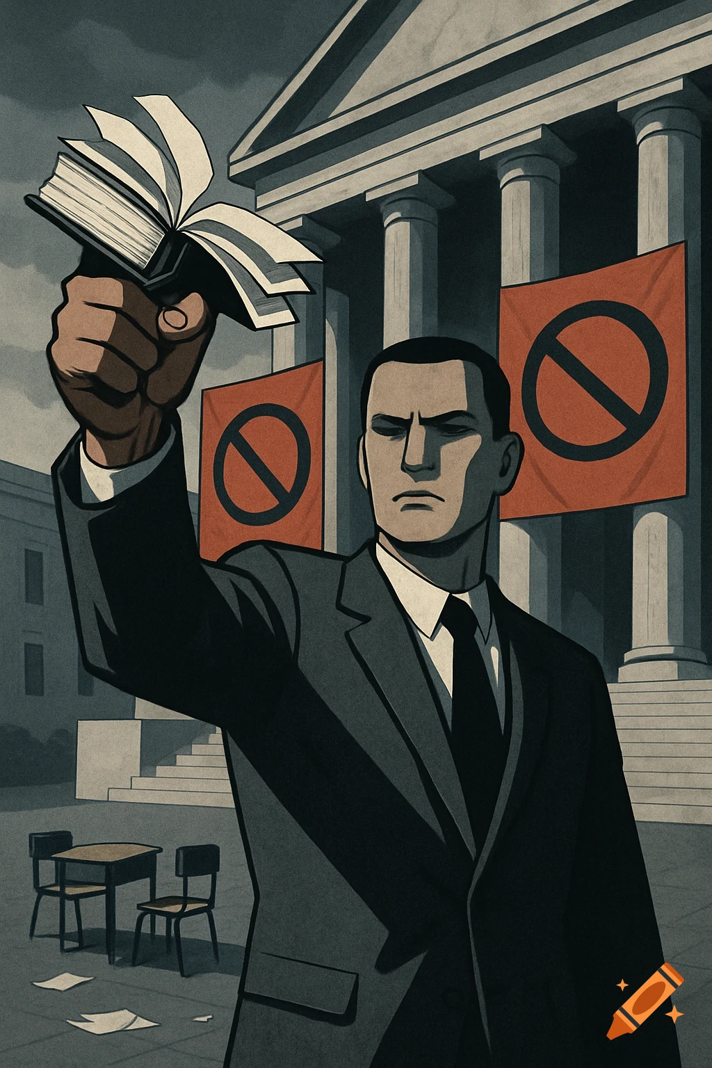 A stern man in a suit raises an open book in a graphic novel style illustration. Behind him is a building with columns and two red banners with a "no" symbol.