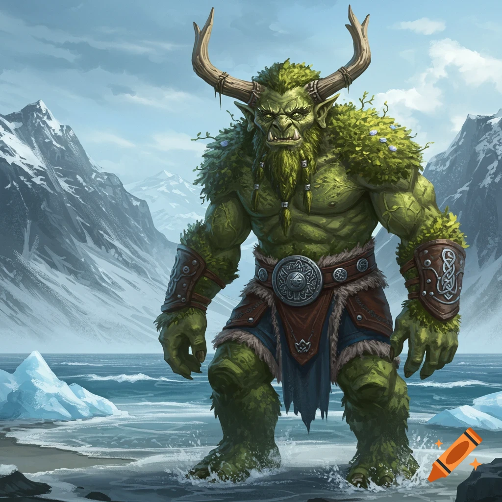 Large green horned troll-like creature stands in icy water with snow-capped mountains and icebergs in a digital painting.