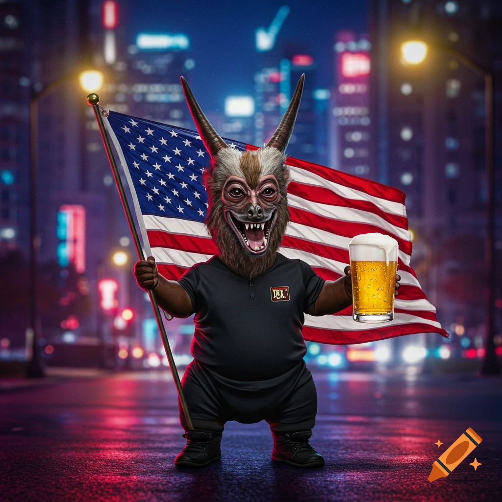 A monstrous, hairy creature with large horns and sharp teeth holds an American flag and a glass of beer on a city street at night.