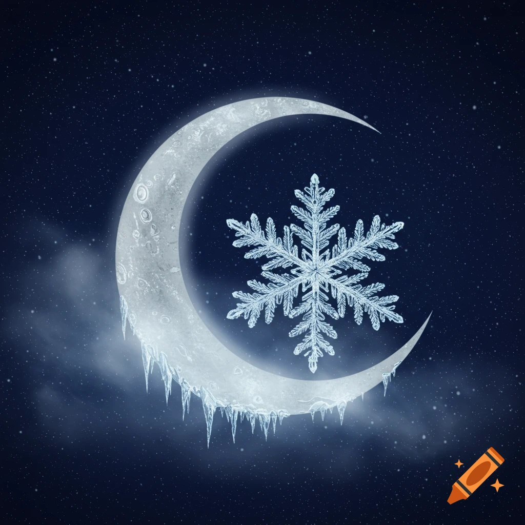 A bright crescent moon with icicles hanging from it, next to a detailed snowflake against a starry night sky.