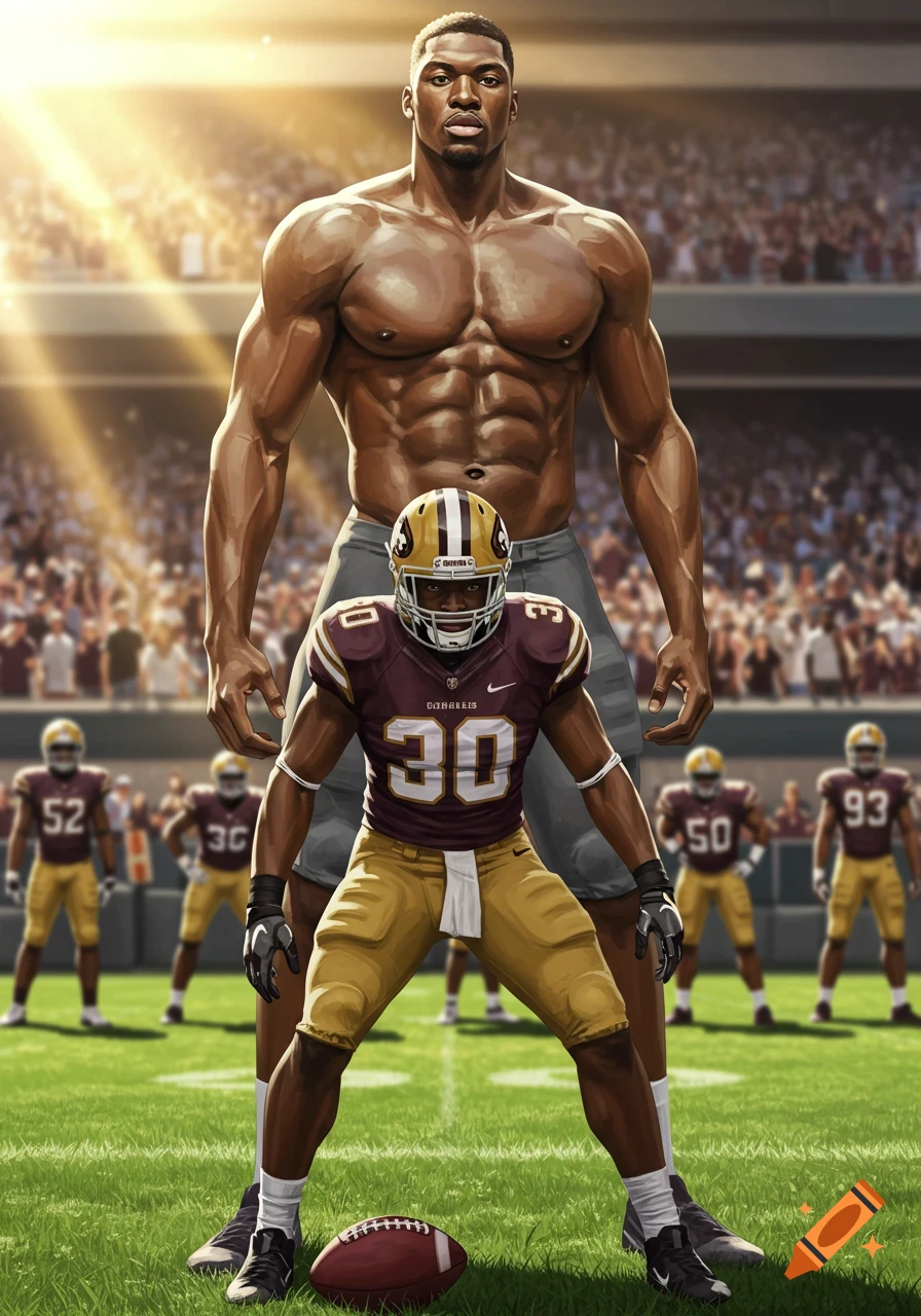 A giant, muscular, shirtless man stands behind a football player in a maroon and gold uniform on a football field with a crowd in the background.