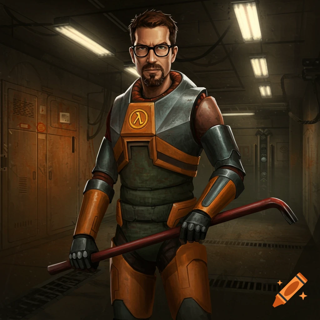 Gordon Freeman in his HEV suit holds a crowbar in a dimly lit industrial corridor.