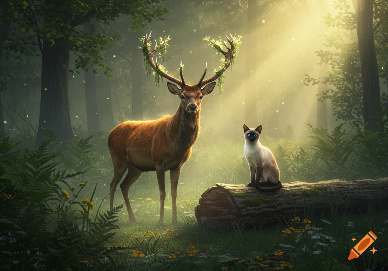 A deer with glowing, leafy antlers and a Siamese cat stand in a sunlit, misty forest.