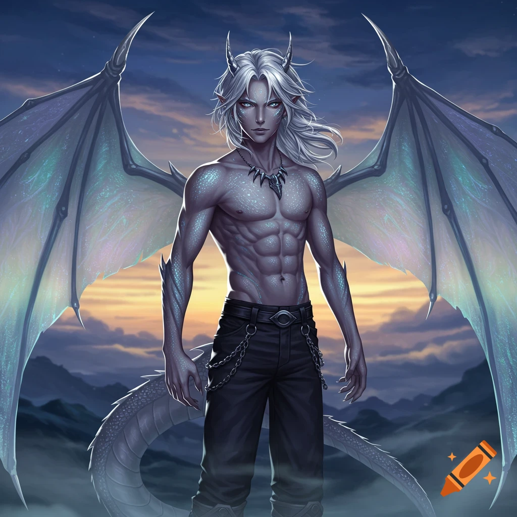 An anime fantasy character with white hair, horns, large wings, and scales, standing shirtless against a sunset sky.
