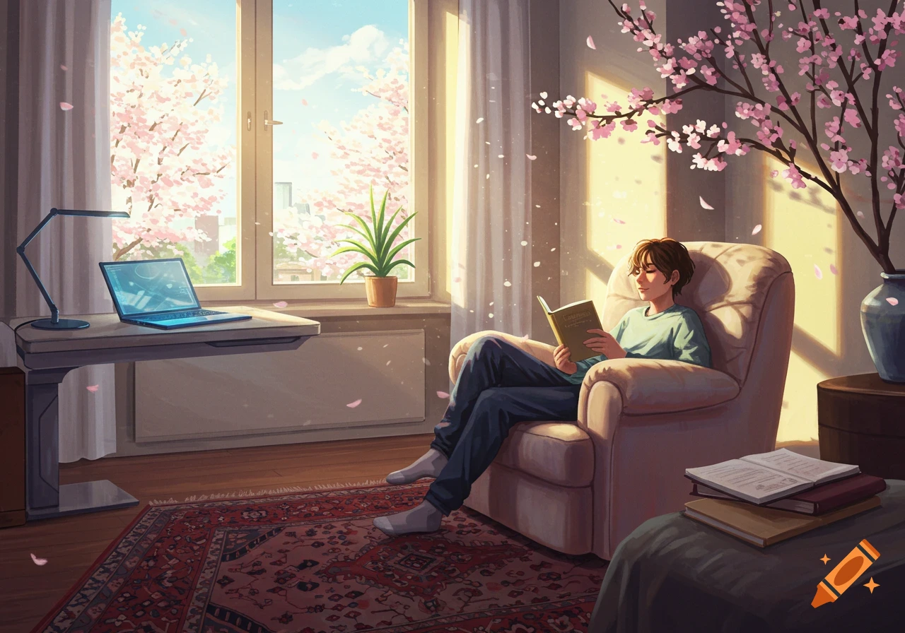 An anime-style image of a person reading a book in a sunlit, cozy room with a laptop on the desk, cherry blossoms outside the window.