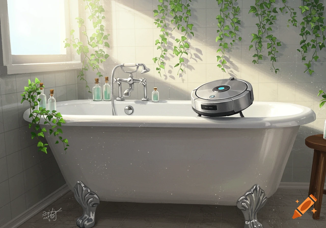 A shiny gray Roomba robot vacuum sits oddly inside a white clawfoot bathtub in a sunlit bathroom decorated with hanging ivy plants.