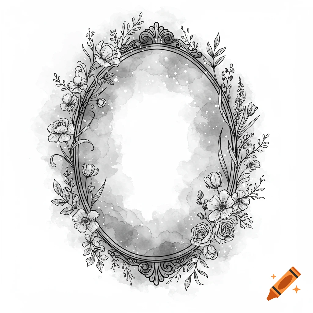 Black and white line art illustration of an ornate oval frame surrounded by detailed flowers and leaves, with a soft watercolor background.