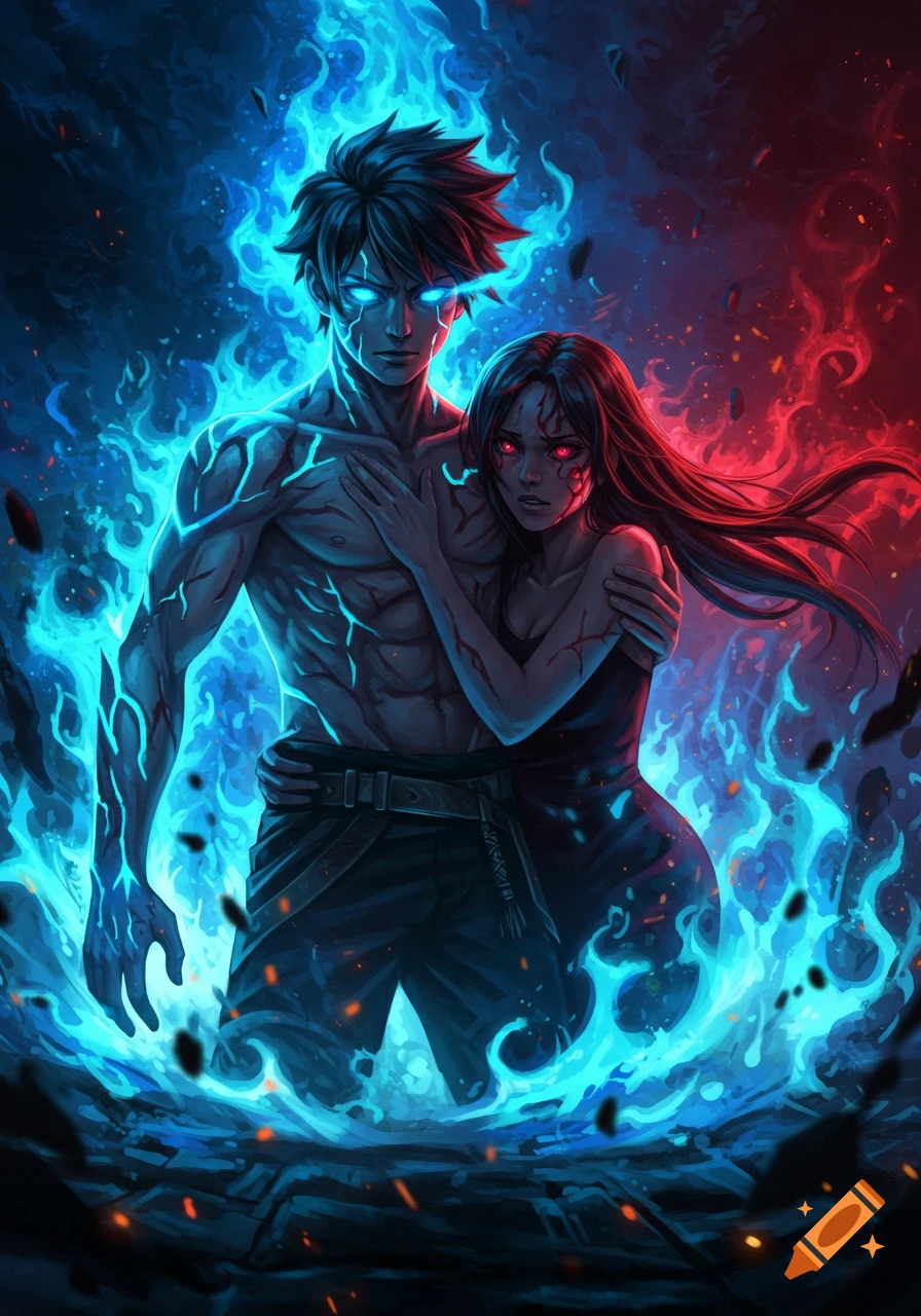 A shirtless anime male with blue glowing eyes and cracks on his skin, holding a woman with red glowing eyes, both surrounded by blue and red flames.