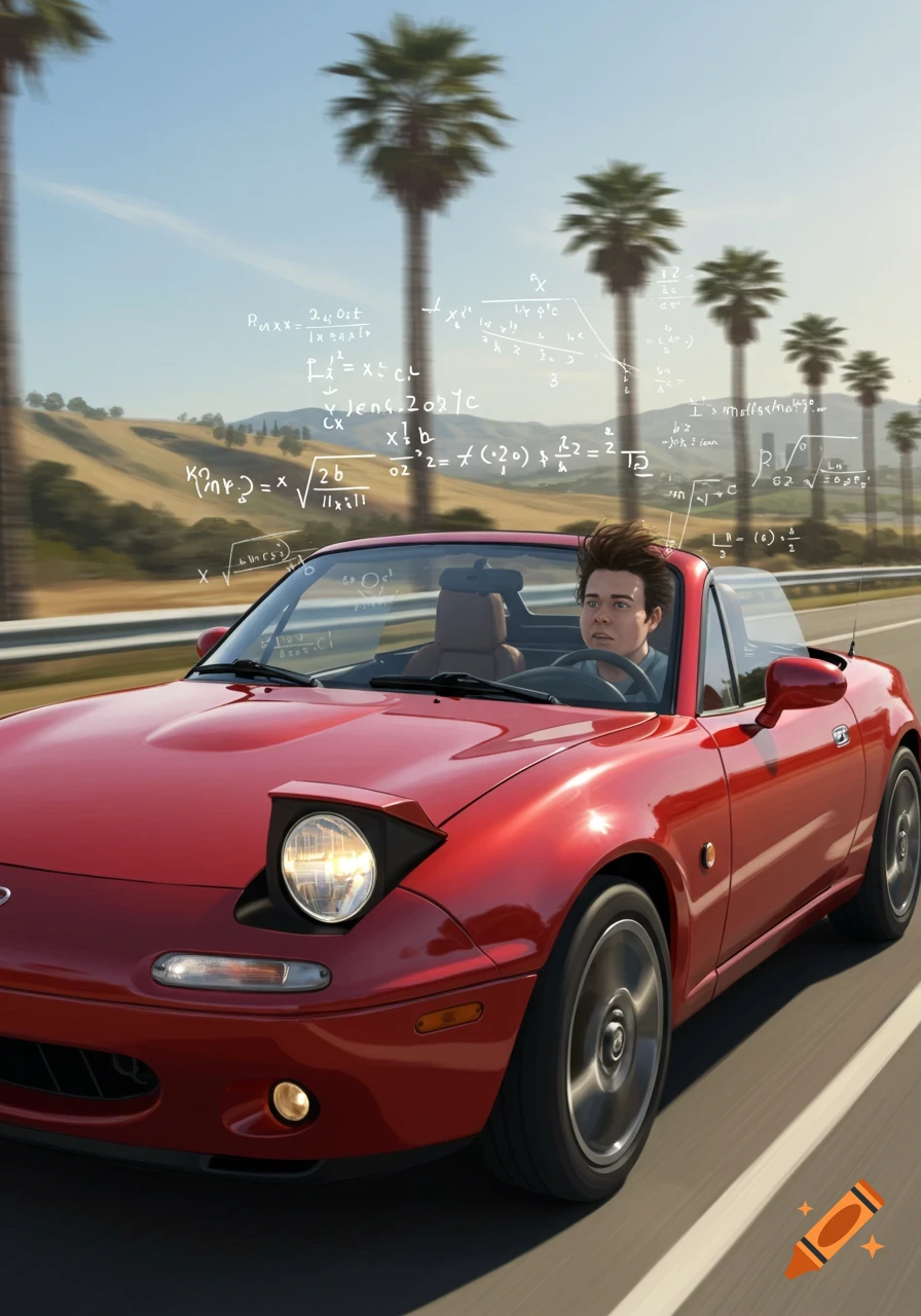A man drives a red Mazda Miata MX-5 convertible on a highway, with palm trees and hills in the background. Math formulas float around his head.