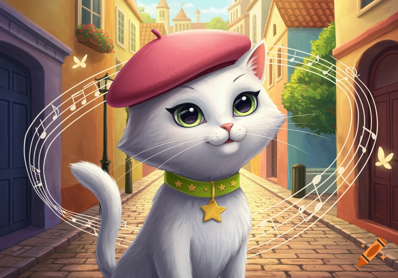 A cute white cartoon cat wearing a pink beret and green collar sits in a cobblestone street with musical notes swirling around it.