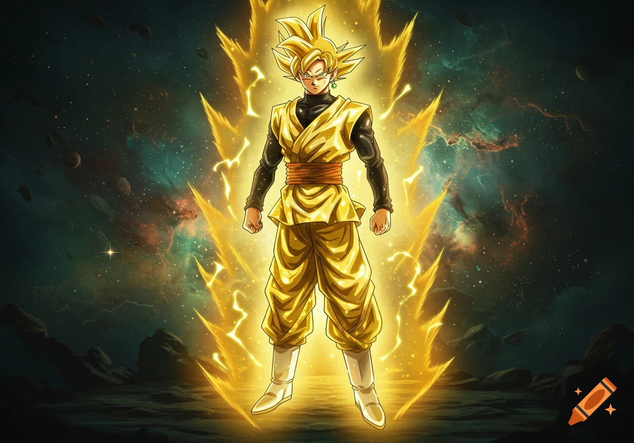 Anime character in golden attire radiating energy against a cosmic background.