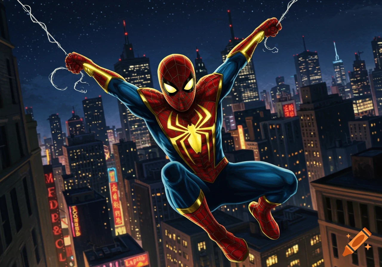 Spider-Man, in a red and blue suit with a gold spider emblem, swings through a neon-lit city at night.