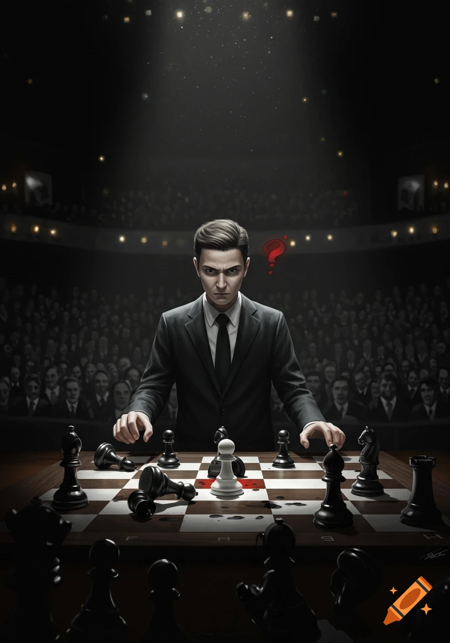 A man in a suit plays chess on a large stage in front of a stadium full of spectators, with a red question mark symbol above his head.