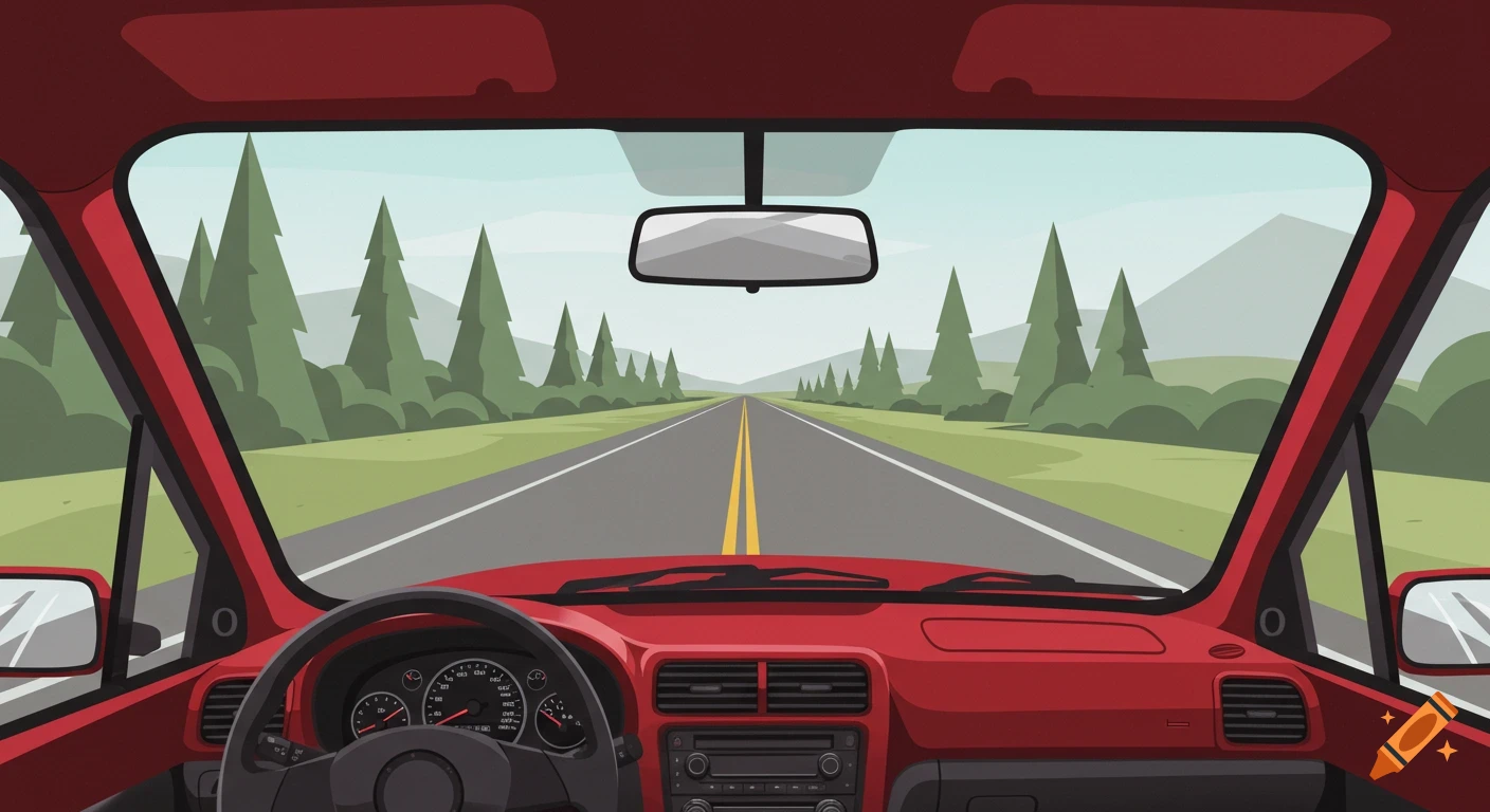 POV from inside a red car driving down a straight road through a landscape with green trees and mountains, in a vector illustration style.