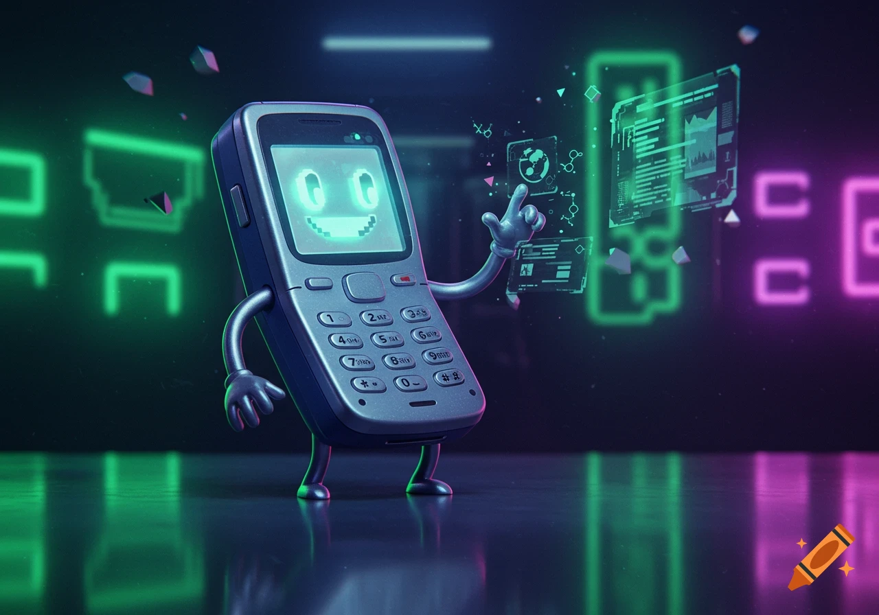 A friendly anthropomorphic gray phone character with a glowing screen face, pointing at holographic interfaces in a neon-lit futuristic setting.