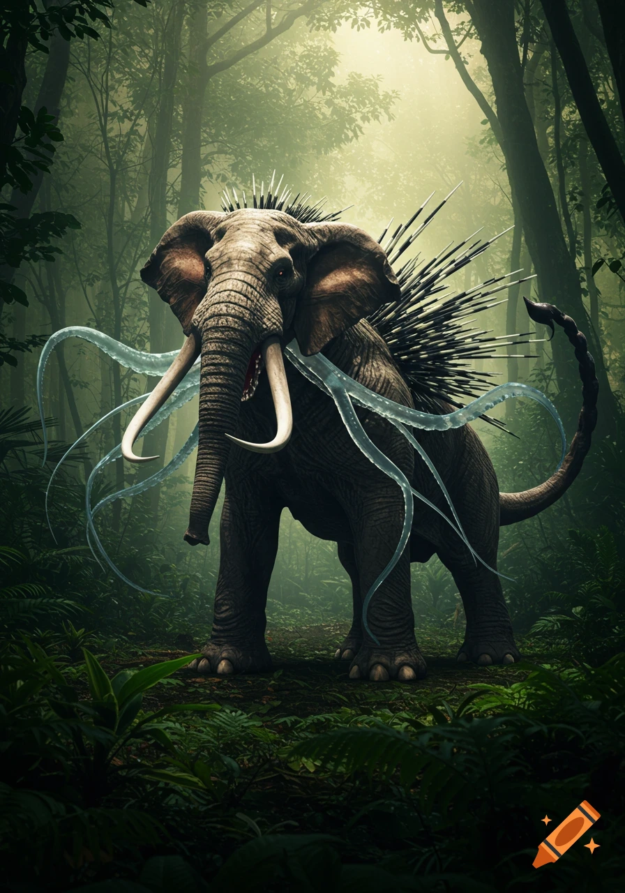 A monstrous elephant-like creature with porcupine quills, jellyfish tentacles, and a scorpion tail stands in a misty jungle.