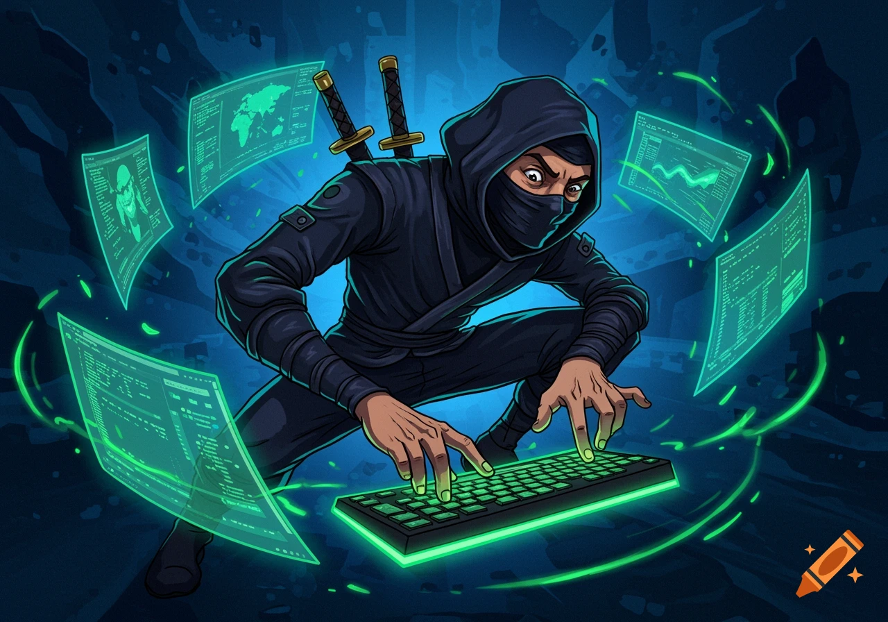 A cartoon-style ninja in a dark hooded suit crouches over a glowing green keyboard, surrounded by floating holographic screens displaying maps and code on a blue background.