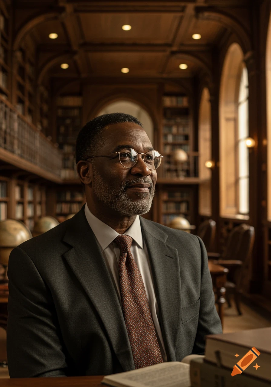 A man with a beard and glasses sits at a desk in a stately library, looking thoughtfully to the side. Books are stacked on the desk and lining the shelves in the background.