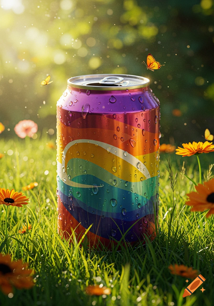 A rainbow-colored soda can with condensation sits in green grass with sunlight, flowers, and butterflies.