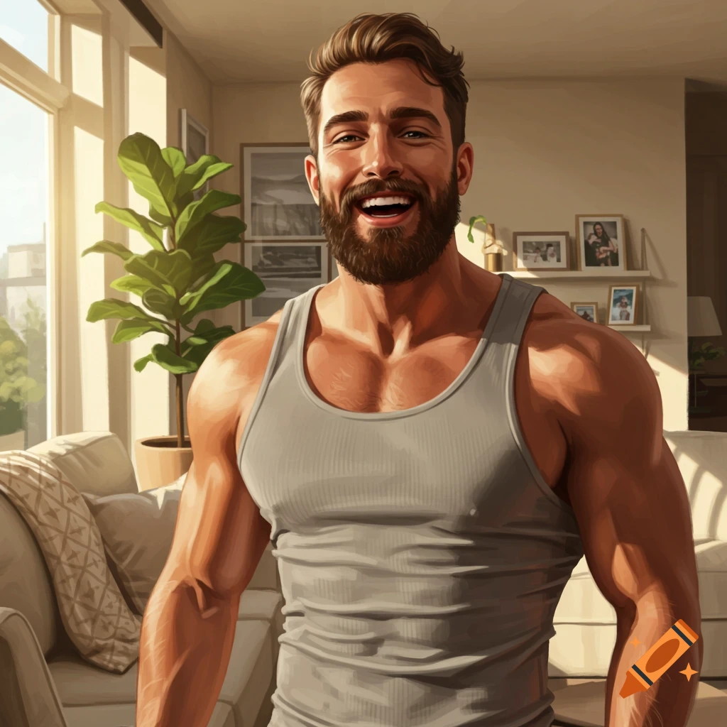 A smiling muscular man with a beard wearing a grey tank top stands in a sunlit living room.