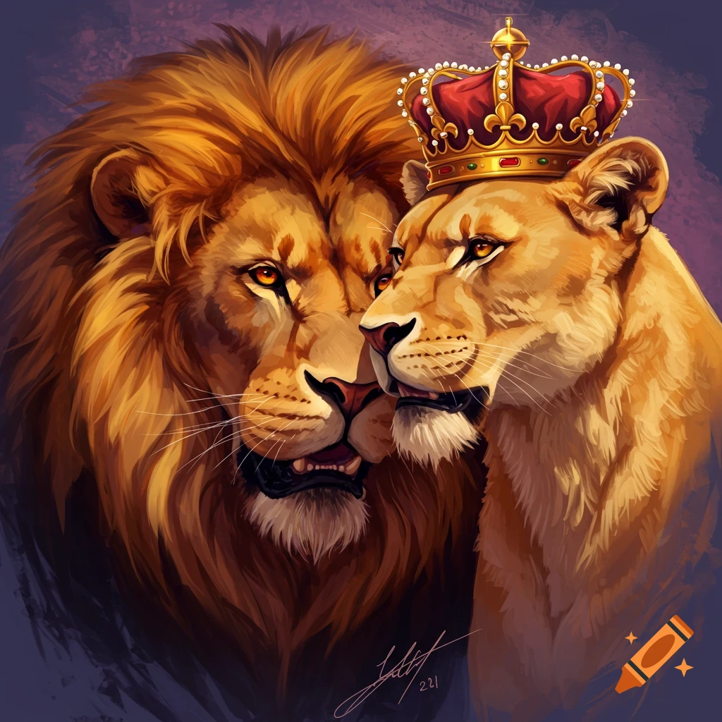 A majestic digital painting of a lion and a lioness, with the lioness wearing an ornate gold and red crown.