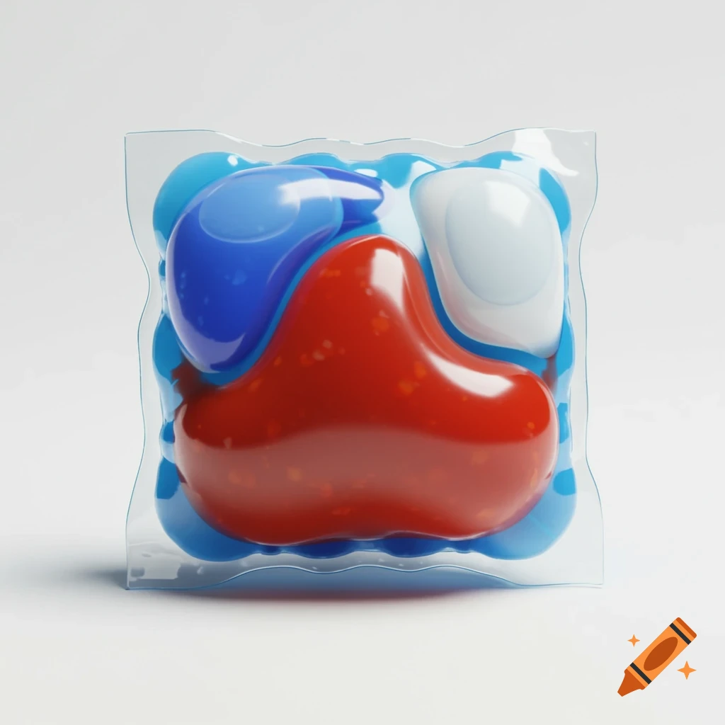 A photorealistic image of a clear plastic laundry detergent pod containing blue, white, and red (tomato sauce-like) liquid, set against a white background.