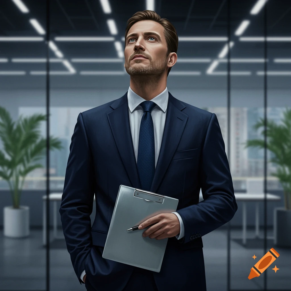 A man in a dark blue suit looks upwards, holding a clipboard and pen in an modern office building. Photorealistic.