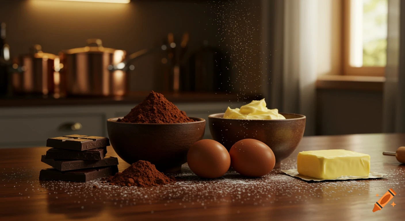Photorealistic image of chocolate, cocoa powder, eggs, and butter on a wooden kitchen counter, with sugar falling.