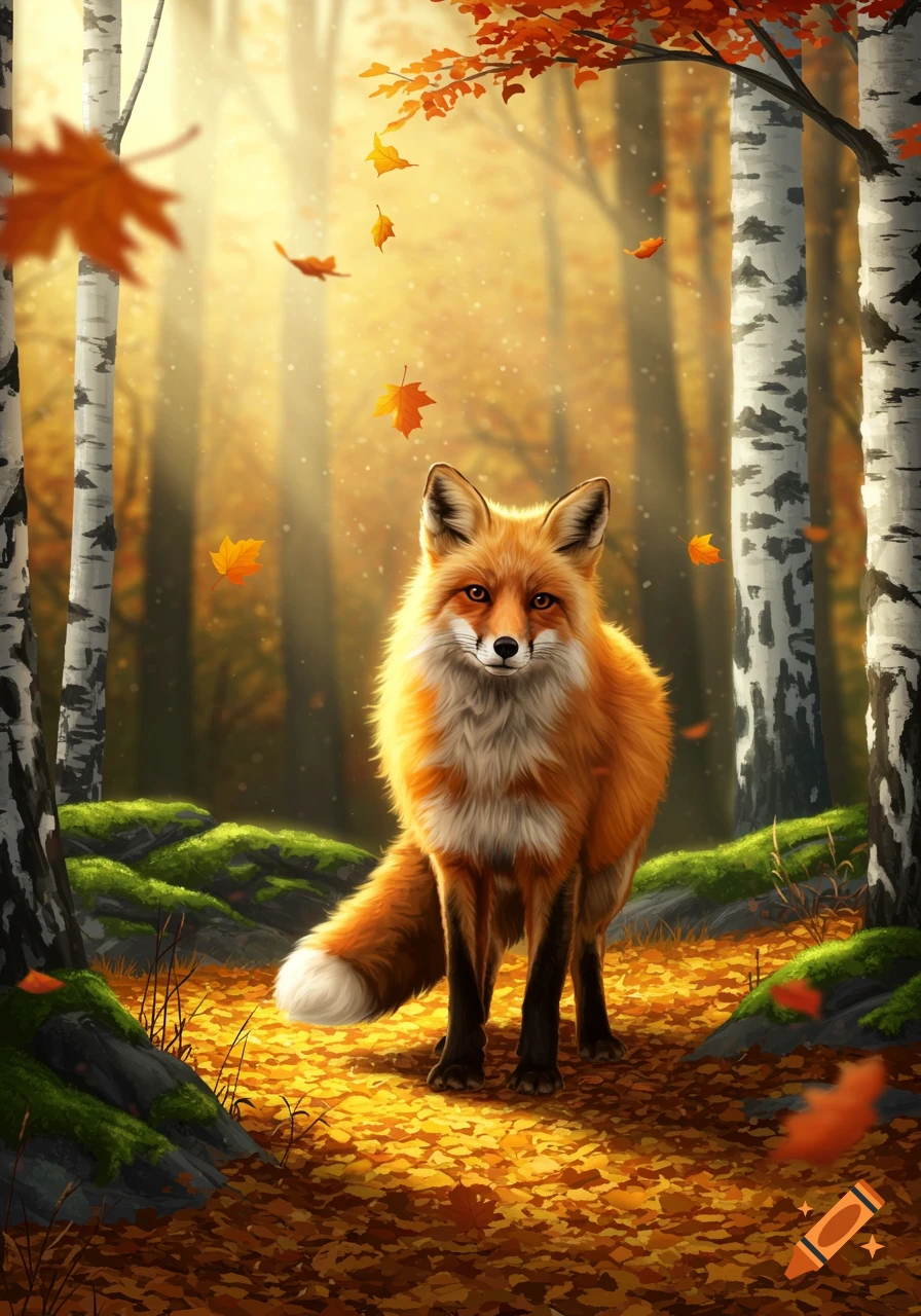 A vibrant red fox stands in an autumn forest among birch trees, with golden sunlight and falling orange leaves.