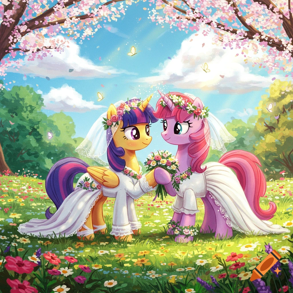 Two cartoon ponies in wedding dresses, holding bouquets, stand in a vibrant flower meadow under a blooming cherry blossom tree.
