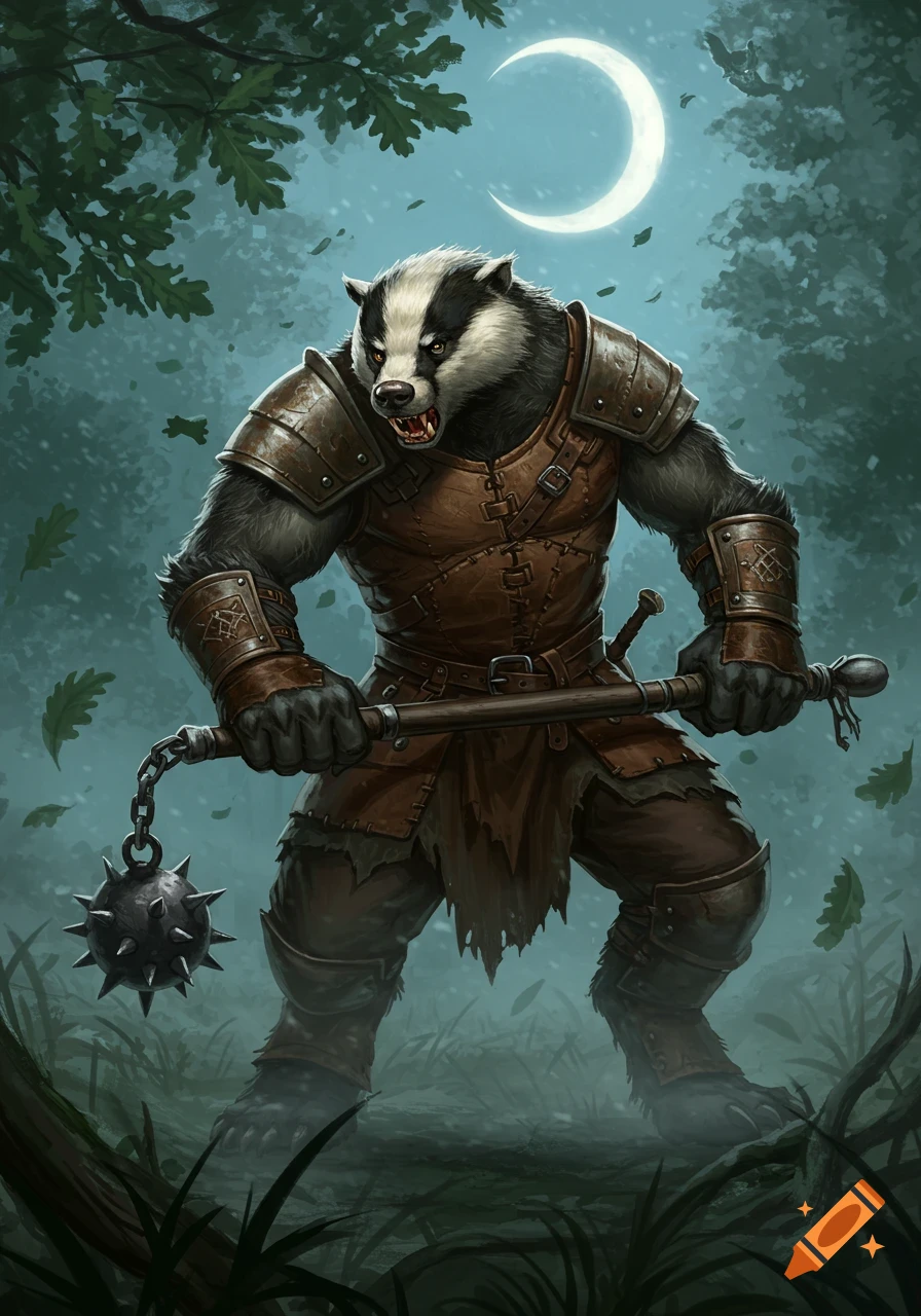 A fierce badger-like gnoll in armor wields a spiked flail under a crescent moon in a dark, stylized forest.